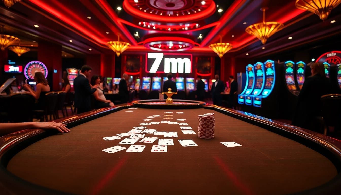 Exciting casino atmosphere featuring poker tables and slot machines with 7m betting graphics.