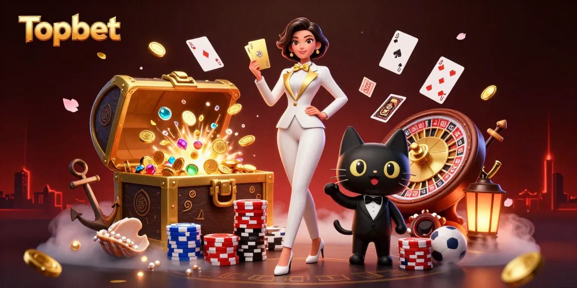 Topbet's glamorous woman shuffles cards beside a tuxedo cat, surrounded by casino treasures.