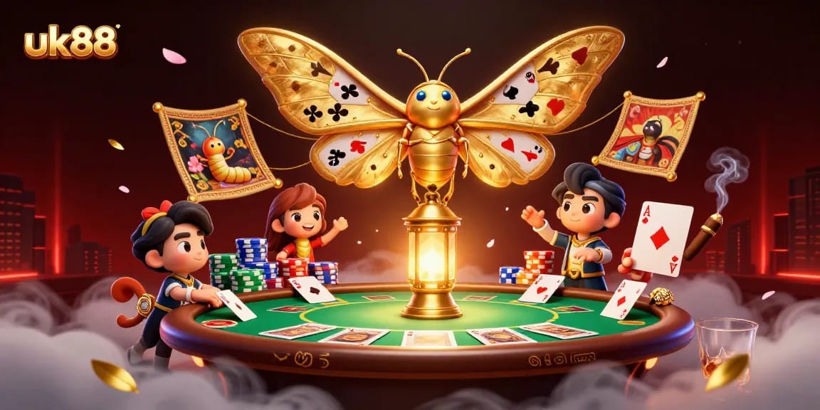 Engage with uk88’s vibrant casino scene featuring a majestic atlas moth and poker elements.