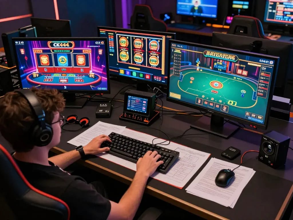 Engaged player explores various games on CK444 gaming setup in a professional home office