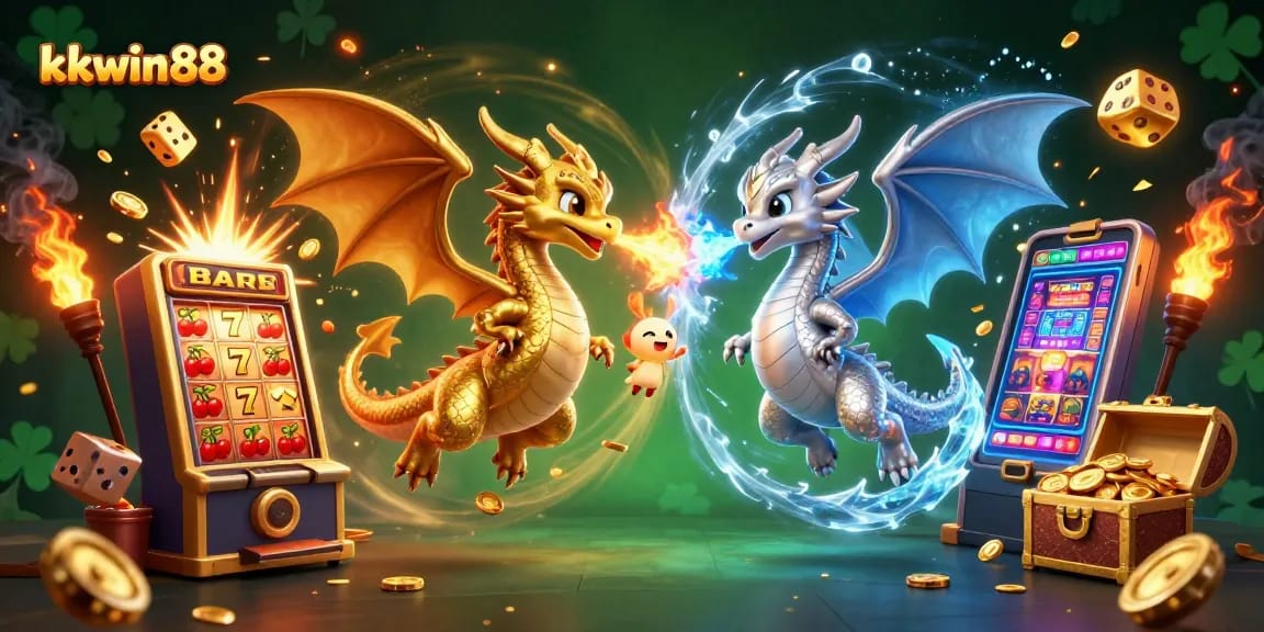 Experience excitement with kkwin88 as golden and silver dragons battle amid a vibrant casino scene.