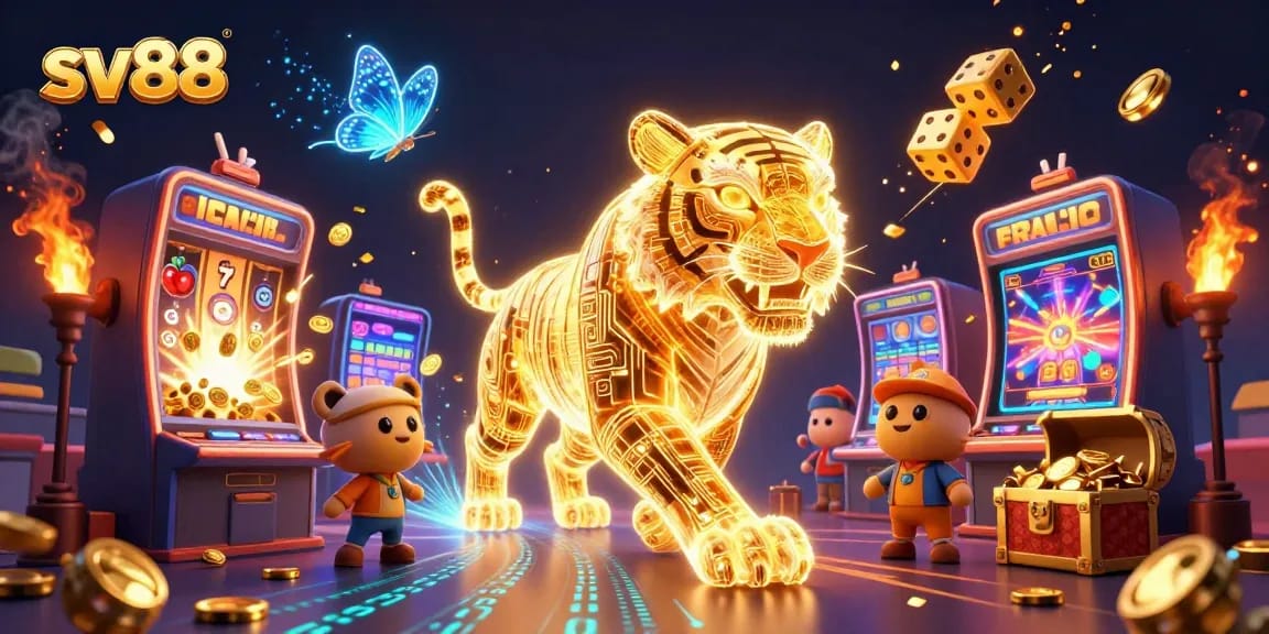 sv88 showcases an energetic 3D casino scene featuring a golden tiger amidst a jackpot explosion.