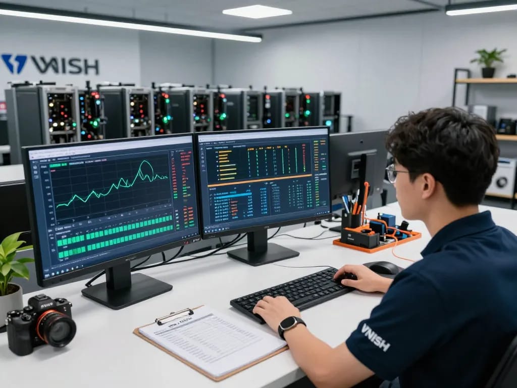 Sala de controle com técnicos utilizando ferramentas VNISH para aprimorar o desempenho da mineração em https://vnish.net.br/