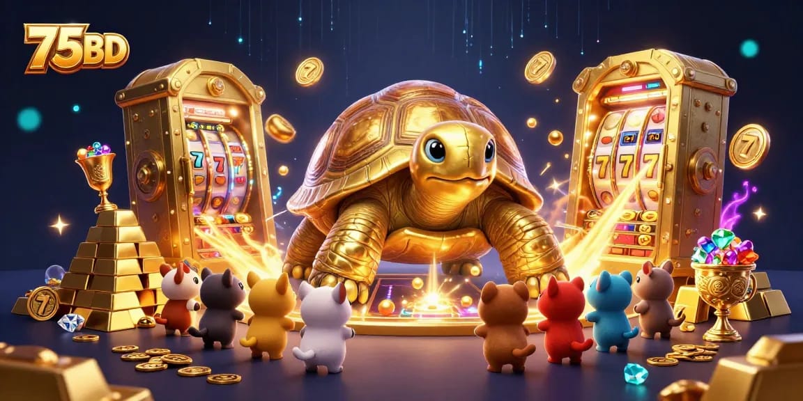 Experience excitement at 75BD with a vibrant 3D casino illustration showcasing a golden tortoise and treasures.