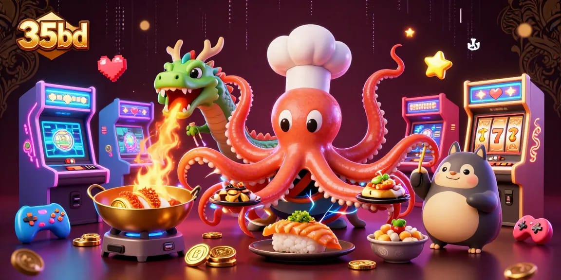 Experience thrilling gaming at 35bd with a vibrant arcade-inspired illustration featuring a sushi chef octopus.