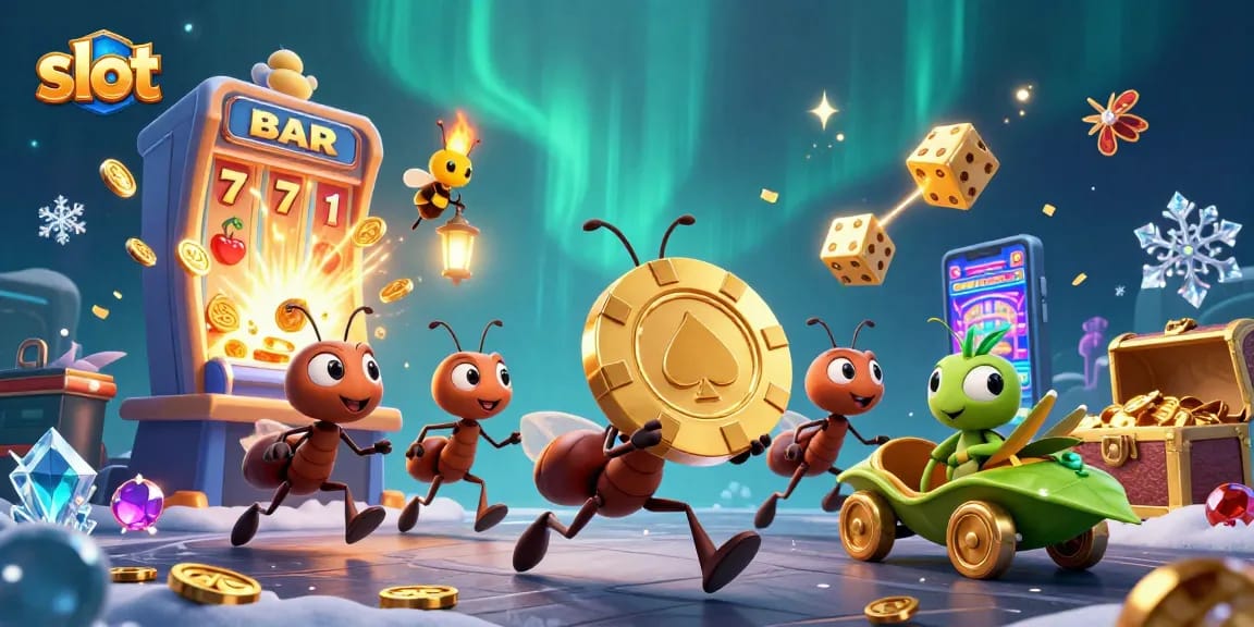 Experience thrilling slot action with ants heisting a giant poker chip in a vibrant casino universe.