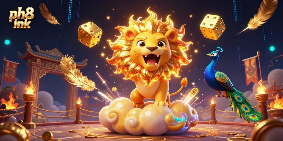 Experience thrilling gameplay at ph8 ink with a dazzling 3D illustration of a roaring lion and golden dice.