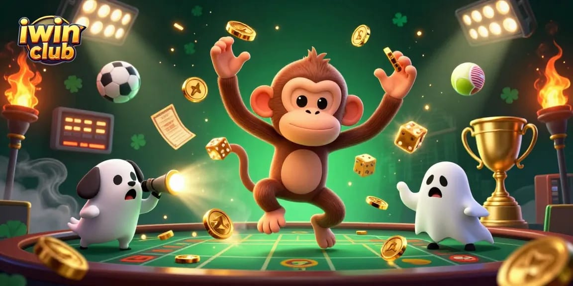 Experience the thrill of iwin club with dynamic action from a mischievous poltergeist monkey and a ghost-hunter puppy in a captivating casino scene.