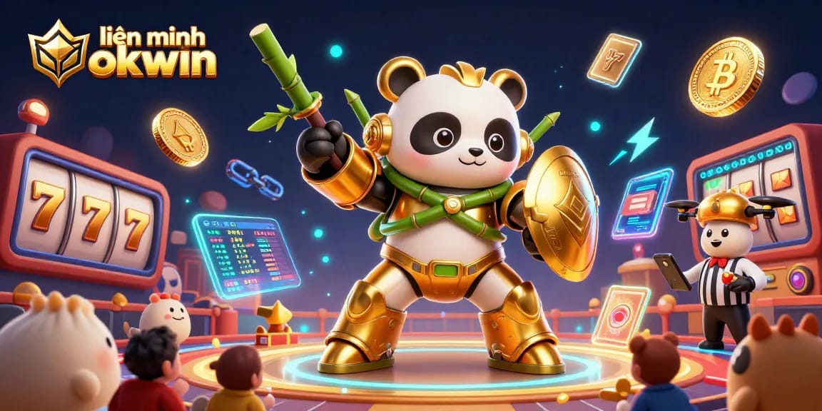 Experience excitement with liên minh okwin as dynamic robots and casino elements collide in vibrant 3D art.