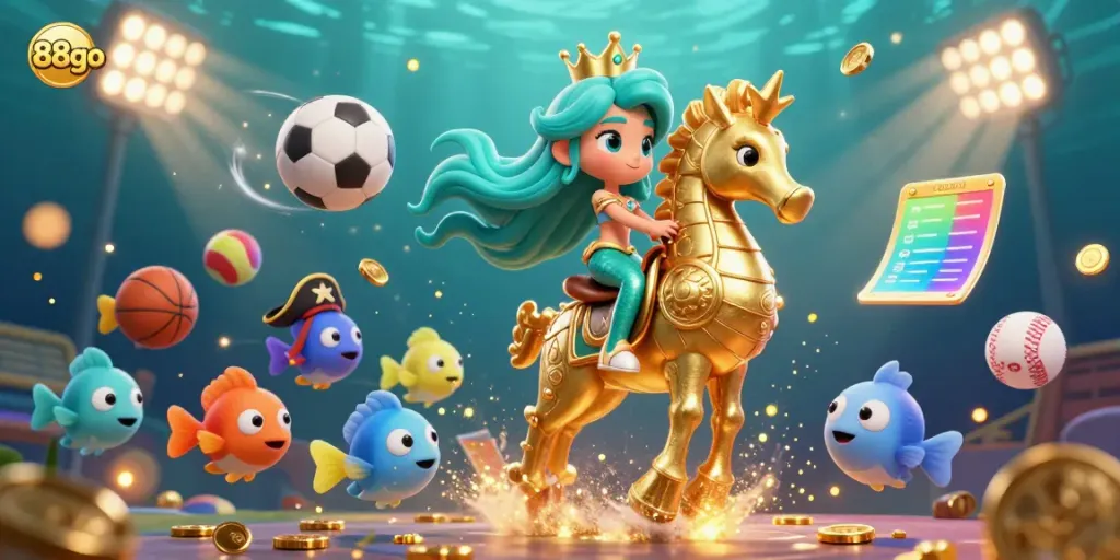 Experience the excitement of 88go with a vibrant underwater casino scene featuring a mermaid and seahorse surrounded by sports elements.
