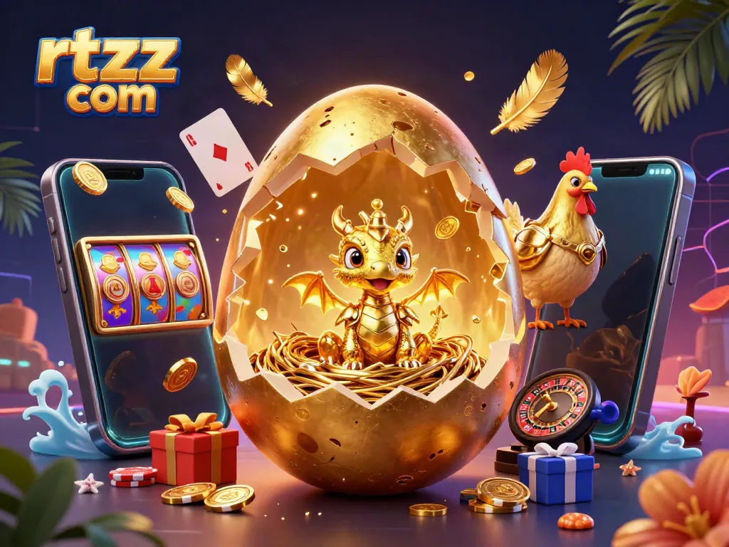 Experience excitement with rtzz com, showcasing a golden dragon atop poker chips with casino elements.