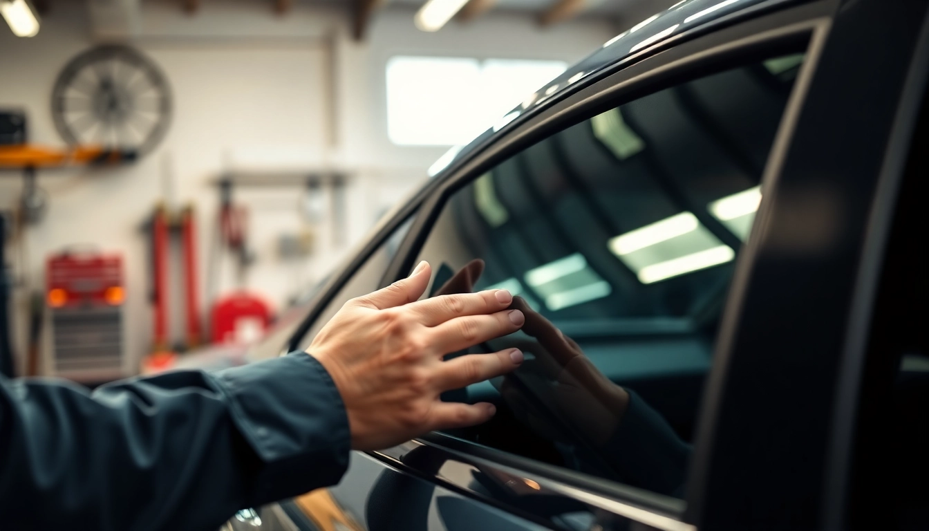 Applying window tint near me by a technician in a well-lit garage.