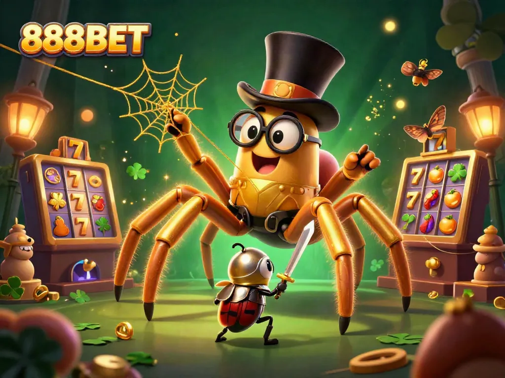 Engage with the thrilling 888BET casino experience featuring a golden tarantula and beetle knight in an immersive gaming ambiance.