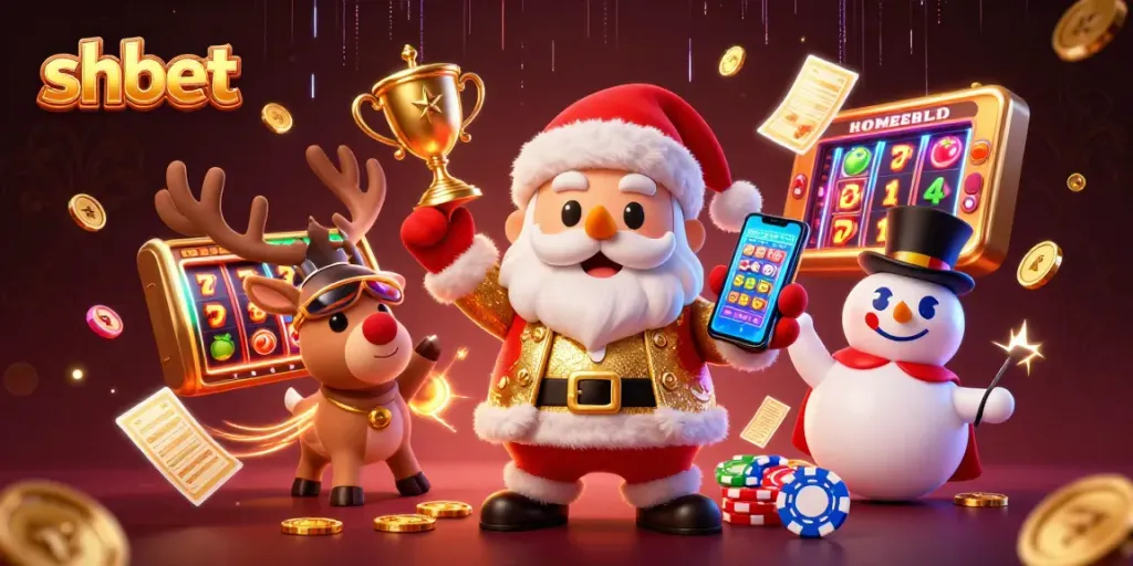 Spin the reels with shbet as Santa, a reindeer dealer, and a poker chip snowman celebrate jackpots.