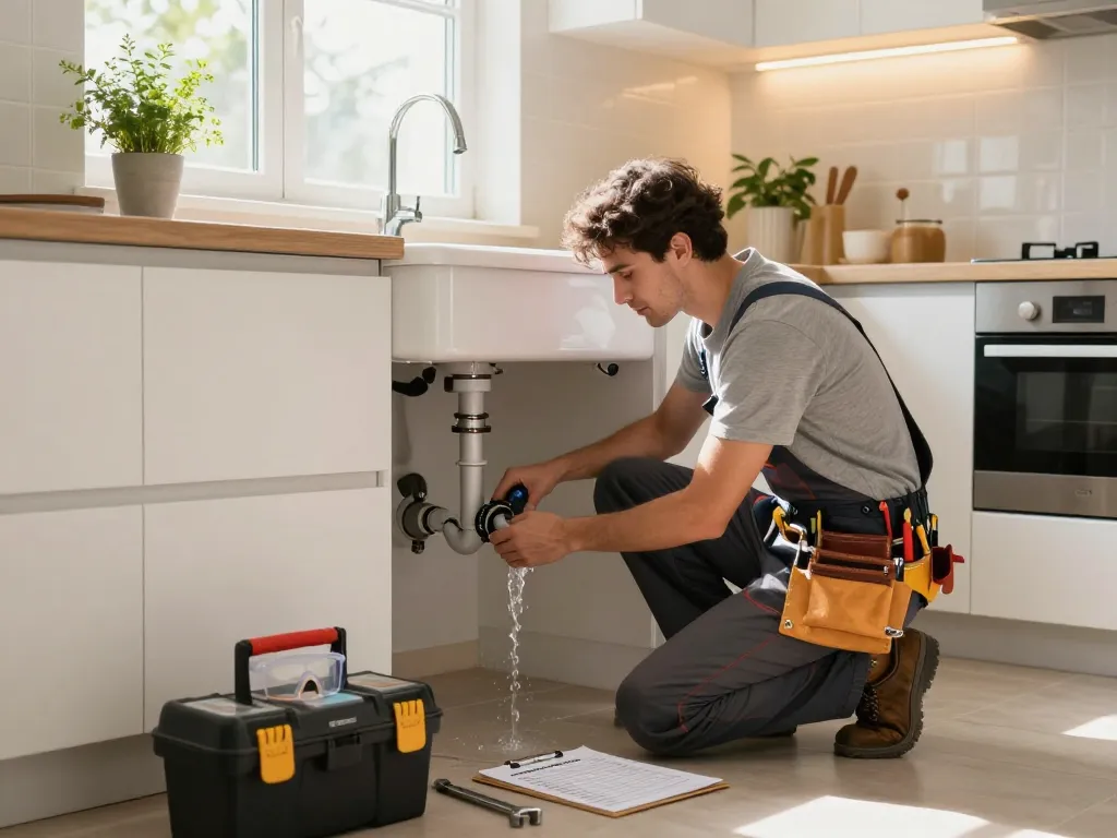 Plumber repairing a leaking sink in a modern kitchen, highlighting the importance of quality plumbing services.