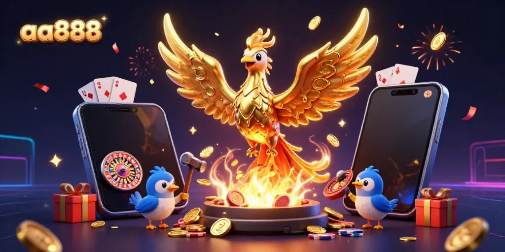 Experience thrilling moments with aa888 as a golden phoenix reveals coins amidst casino games and excitement.