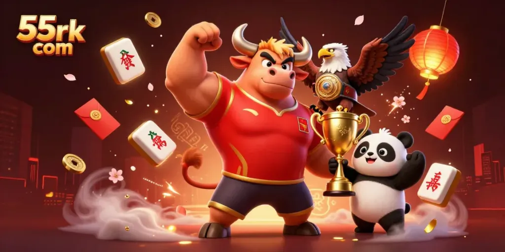 Experience thrilling wins with 55rk com, depicted in a vibrant 3D scene celebrating success and luck.