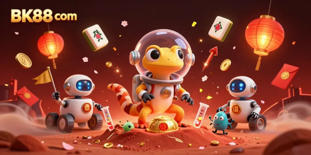 Visualize BK88 com's vibrant casino experience with a Martian gecko discovering a golden casino on Mars.