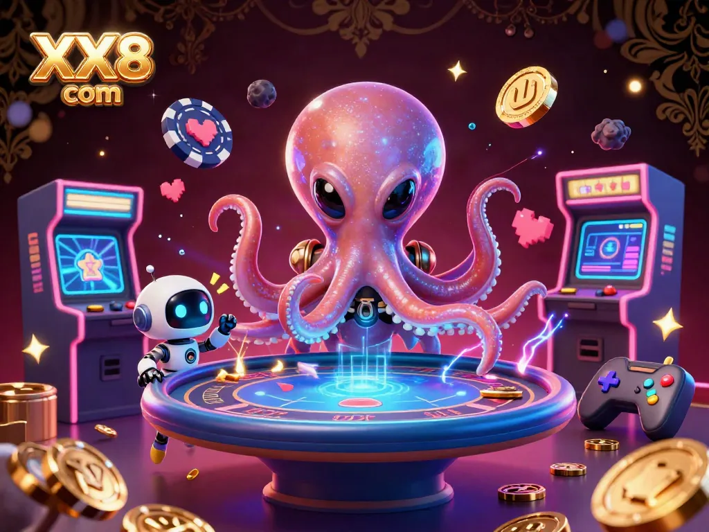 Experience high-energy gaming action at XX8 com with alien characters and vibrant casino elements.