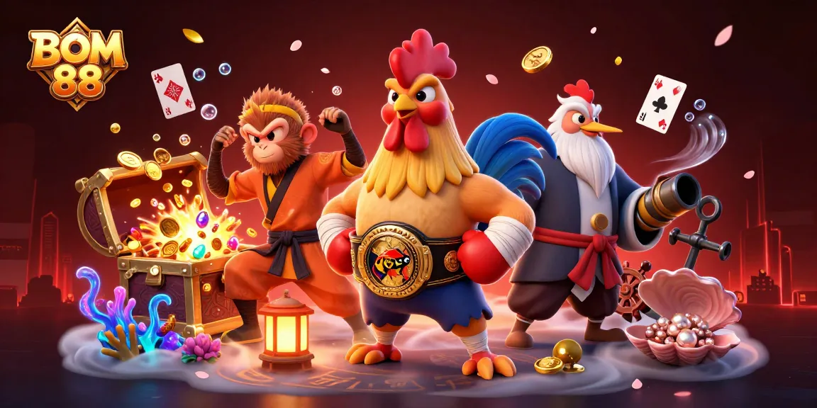 BOM 88 ignites excitement with vibrant 3D cartoon characters amidst gaming treasures and dynamic casino elements.