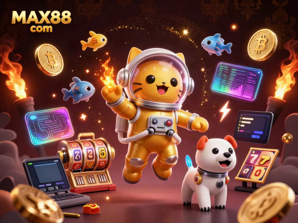 Max88 com showcases a vibrant casino-themed 3D illustration of a spacecat and robot dog amidst gaming elements.