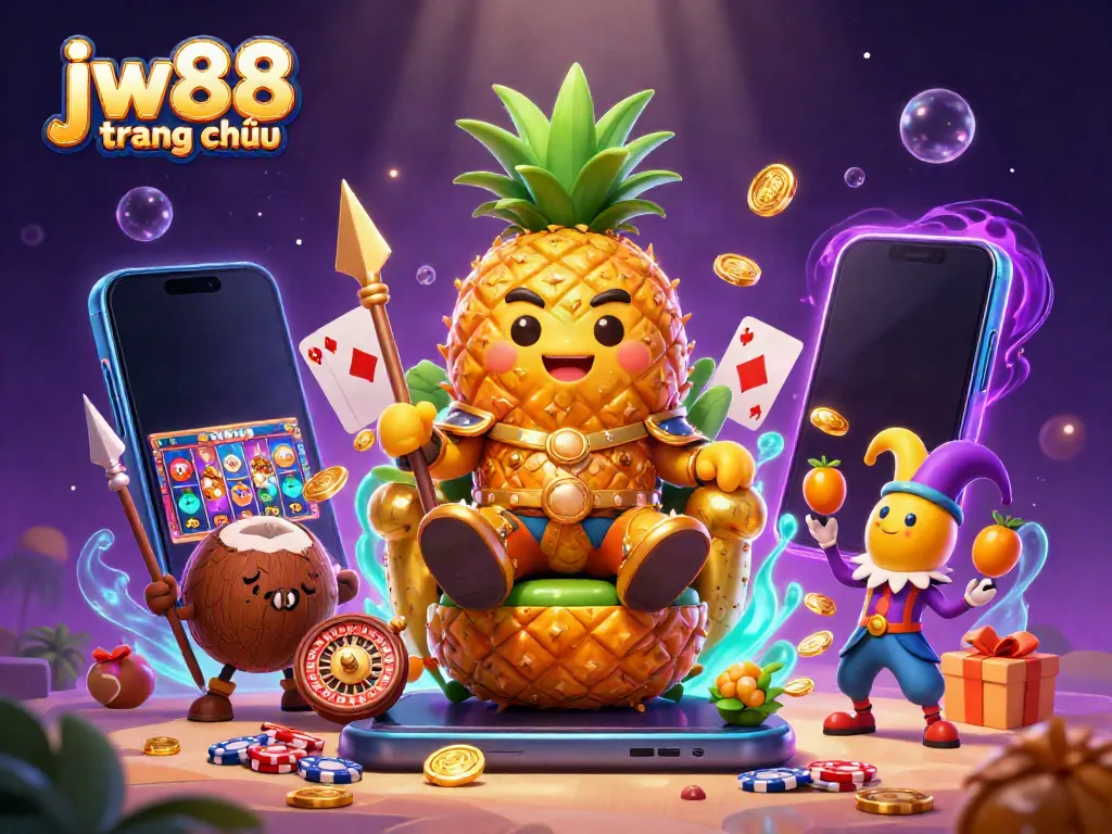 Experience the thrilling world of jw88 trang chủ with the golden pineapple king in a vibrant beach casino scene.
