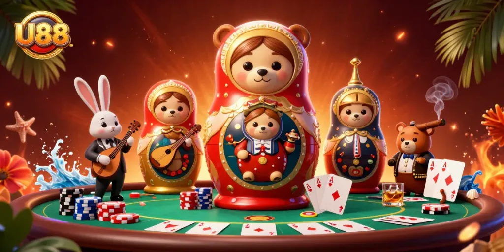 Experience thrilling gameplay at U88 with lively casino characters and vibrant poker elements.