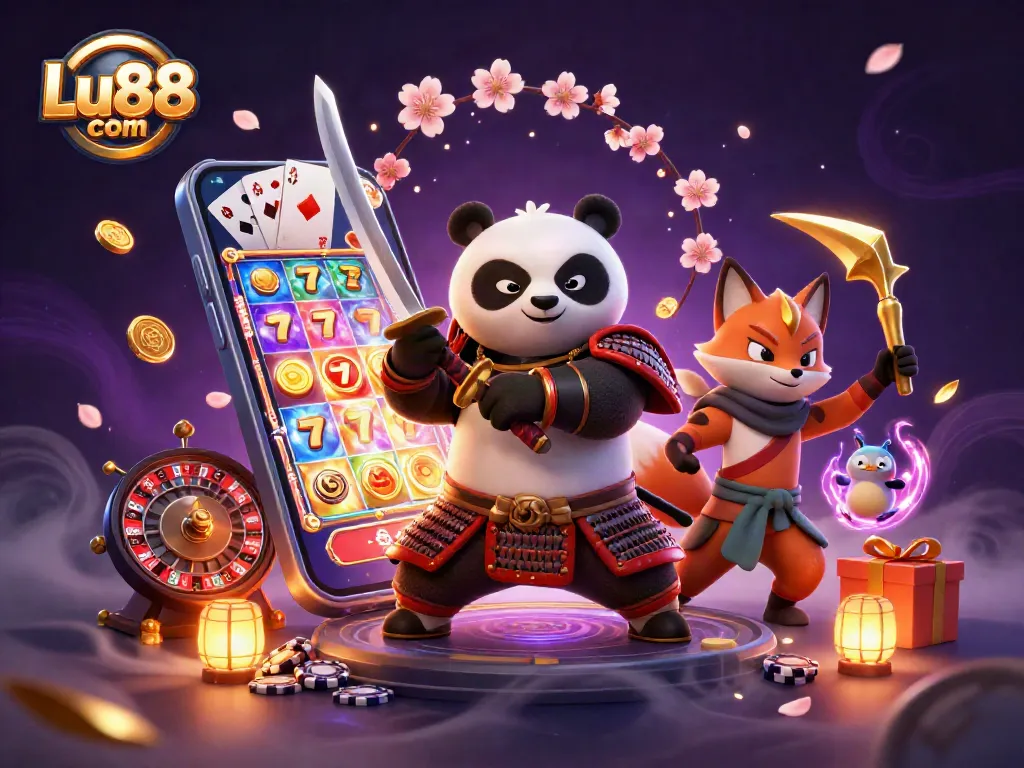 Win big at Lu88 com with the fierce samurai panda and ninja fox amidst vibrant casino elements!