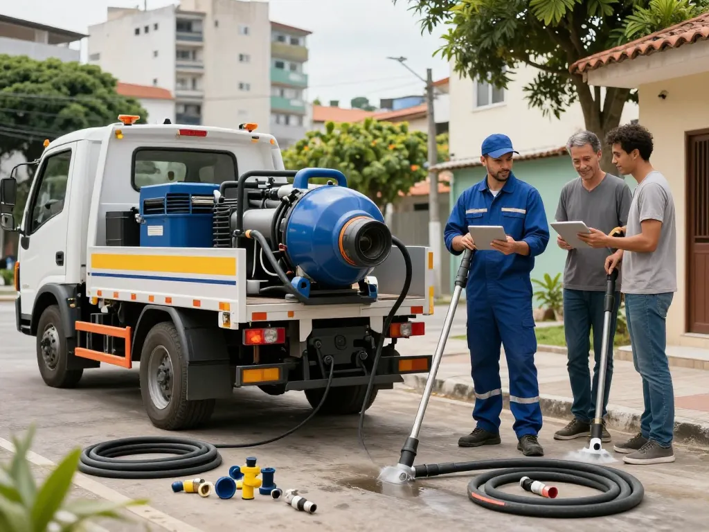 Limpa fossa em São Paulo, expert technician using modern drain cleaning technology in an urban setting.