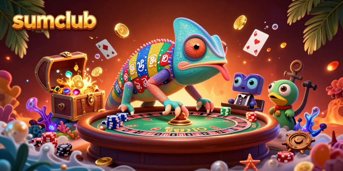 Experience the thrill of playing at sumclub, with a colorful chameleon casino owner and dynamic gaming elements.