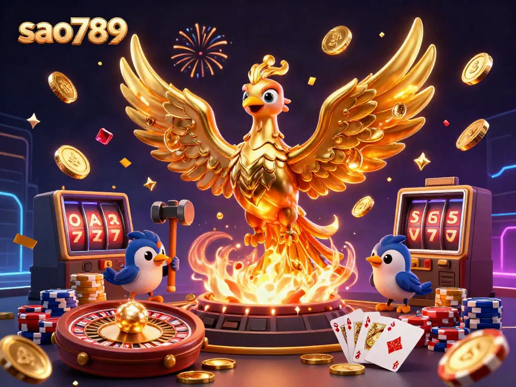 Experience the excitement of sao789 with a golden phoenix and casino elements in a vibrant illustration.