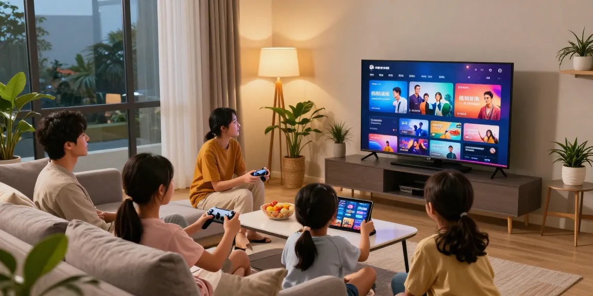 Família assistindo IPTV em sala de estar moderna e aconchegante.