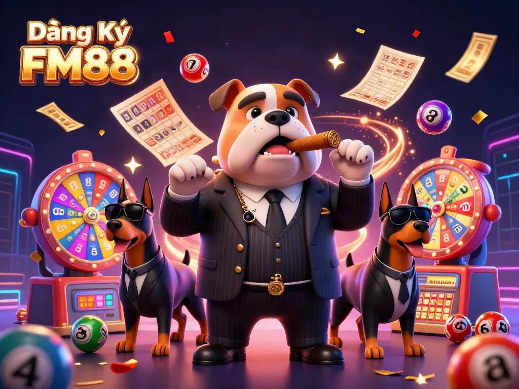 Experience the thrilling world of Đăng Ký FM88 with vibrant lottery elements and charming characters.