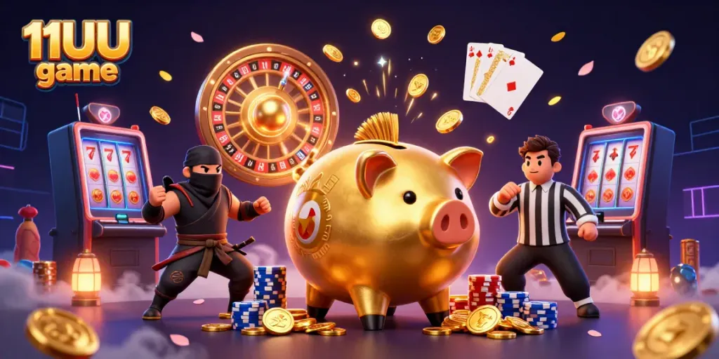 Engage in thrilling wins at 11UU game with vibrant casino elements and animated characters.