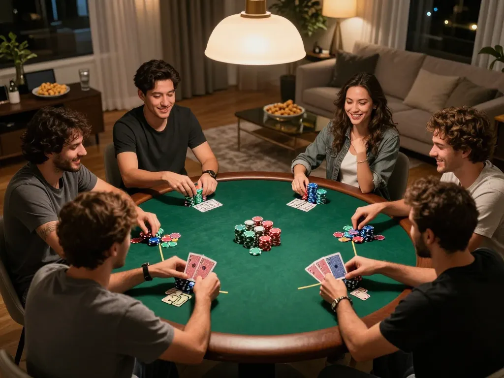 Players enjoying an exciting poker night at home with chips and cards, showcasing 789win fun.