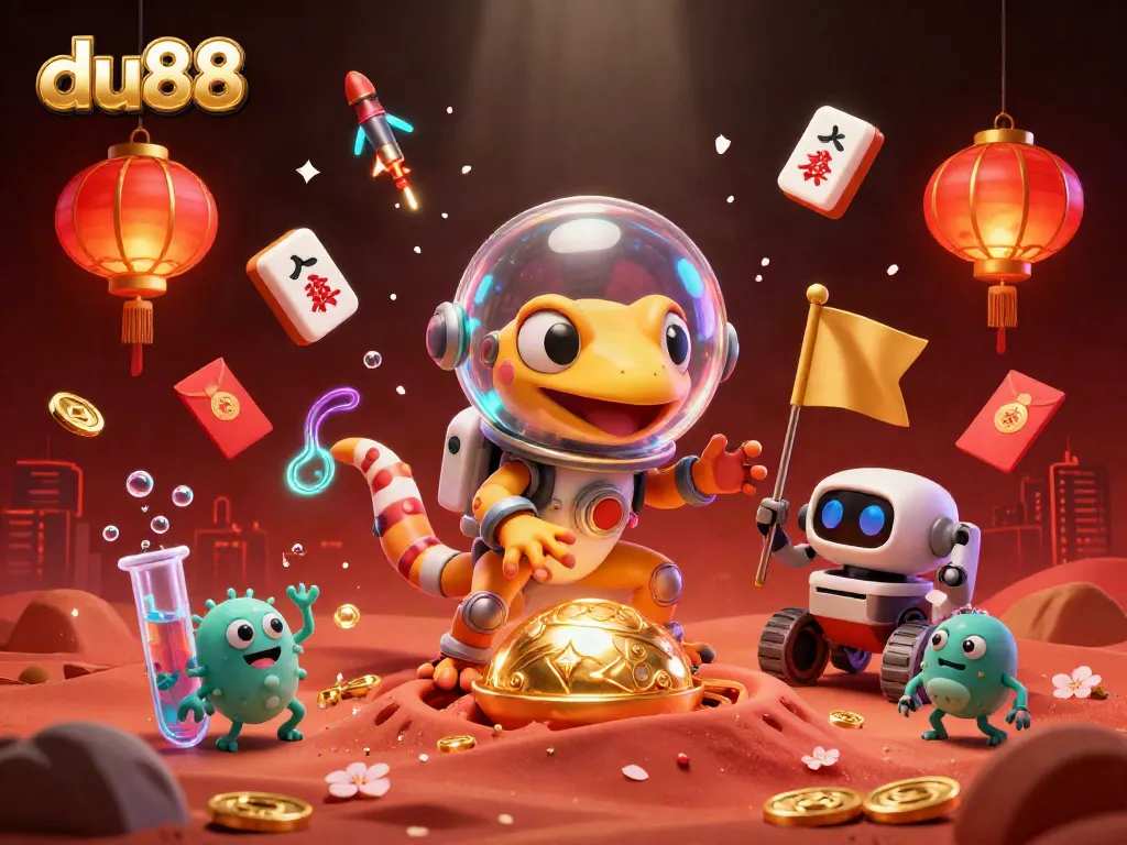 Explore du88's vibrant casino adventure led by a Martian gecko amidst colorful gambling elements.