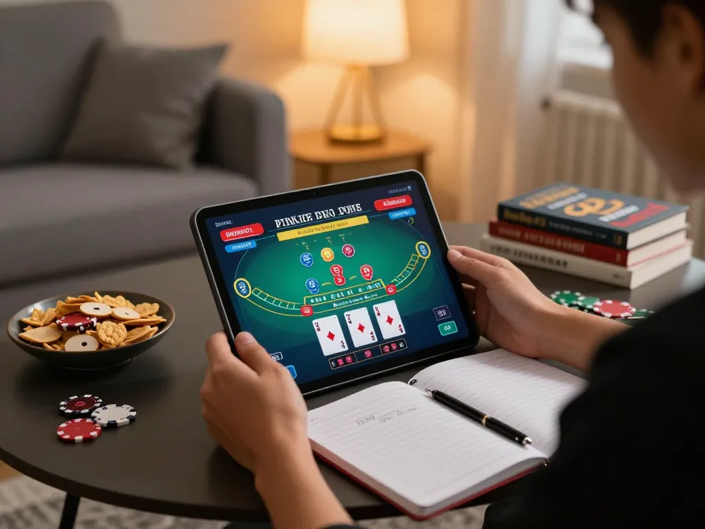 Online gambler enjoying oxbet live dealer blackjack on a tablet at home, focused and strategic.