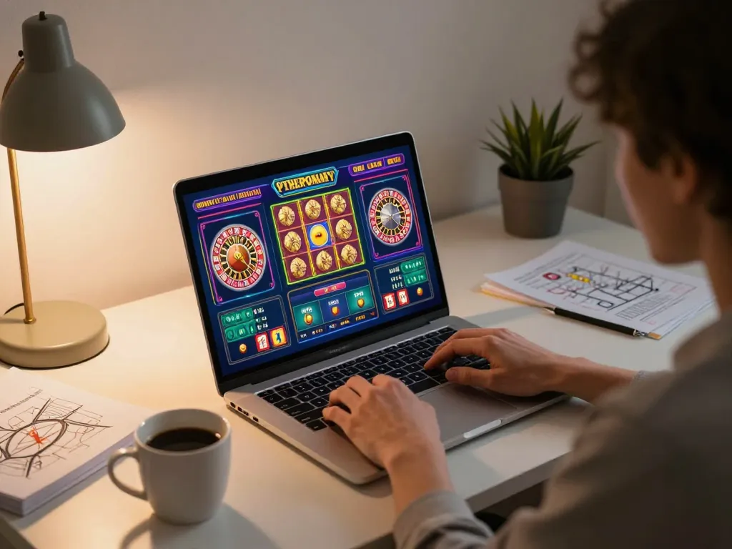 Jogador interagindo com os jogos de caça-níqueis online da 887bet em um ambiente acolhedor em casa.