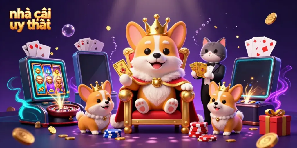 Engaging digital scene showcasing the royal corgi on a poker chip throne, emphasizing nhà cái uy tín with casino elements and vivid colors.
