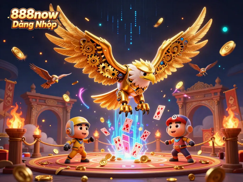 Win big at 888now Đăng Nhập as the golden eagle dives through holographic cards, showcasing action-packed gambling.