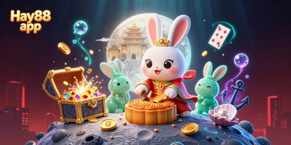Experience the excitement of Hay88 app as the moon rabbit reveals poker chips in a vibrant casino scene.