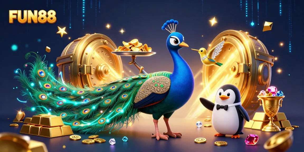 Win big at FUN88 with a vibrant 3D casino scene featuring dazzling characters and treasures.