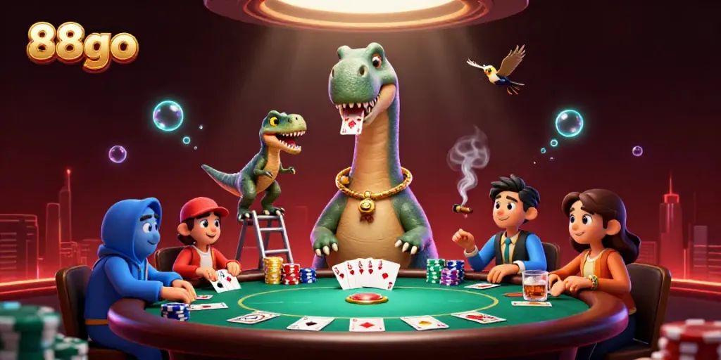 Experience 88go's thrilling casino action with a giant brontosaurus dealer in a vibrant 3D scene.