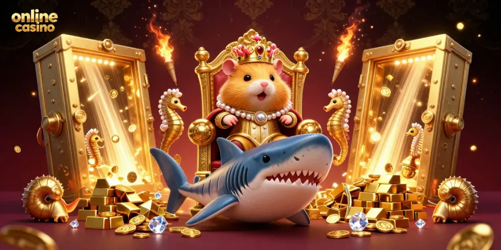 Experience a vibrant online casino scene featuring a golden hamster king with royal guards in dazzling treasure.