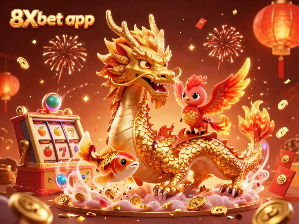 Bet on the 8Xbet app with a vibrant illustration showcasing a powerful dragon and lucky symbols