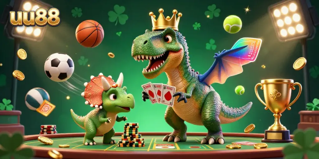 Engage in thrilling card games with uu88, featuring a T-Rex shuffling cards and a baby triceratops stacking golden chips.