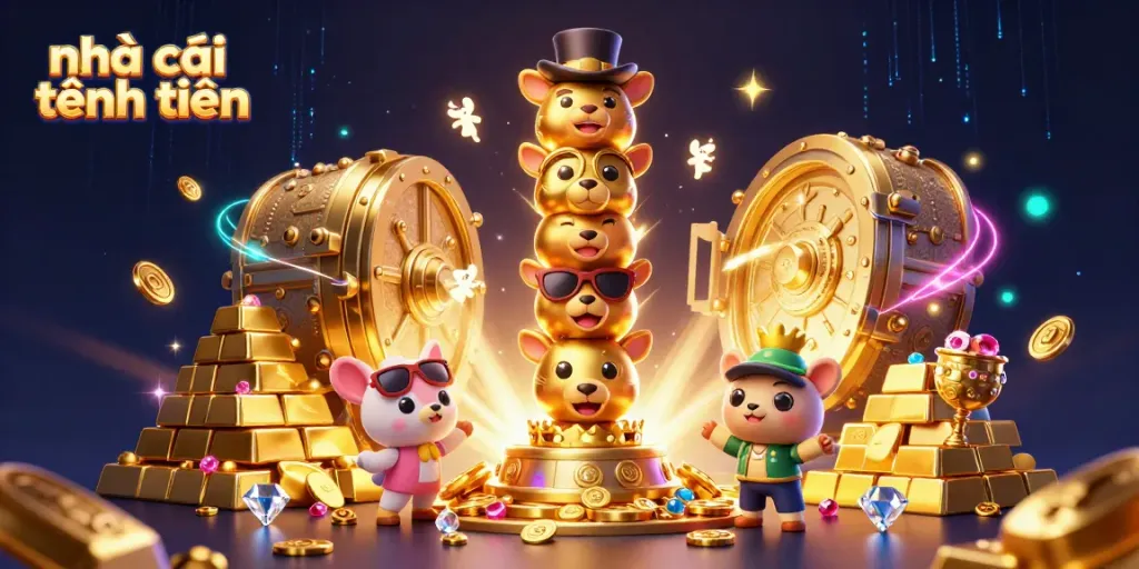 Experience the excitement at nhà cái tặng tiền with a vibrant 3D casino scene filled with treasures and animated characters.