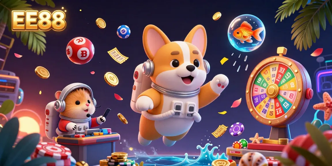 Experience the excitement of EE88 with a vibrant 3D casino scene featuring unique characters and dynamic gambling elements.