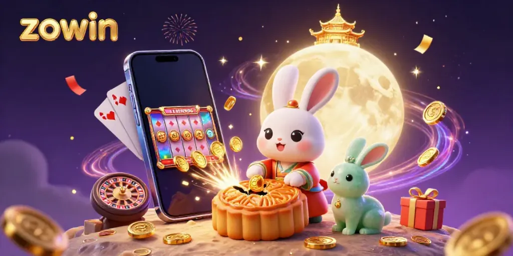 Experience the vibrant gaming world of ZOWIN with a whimsical moon rabbit scene showcasing action and excitement.