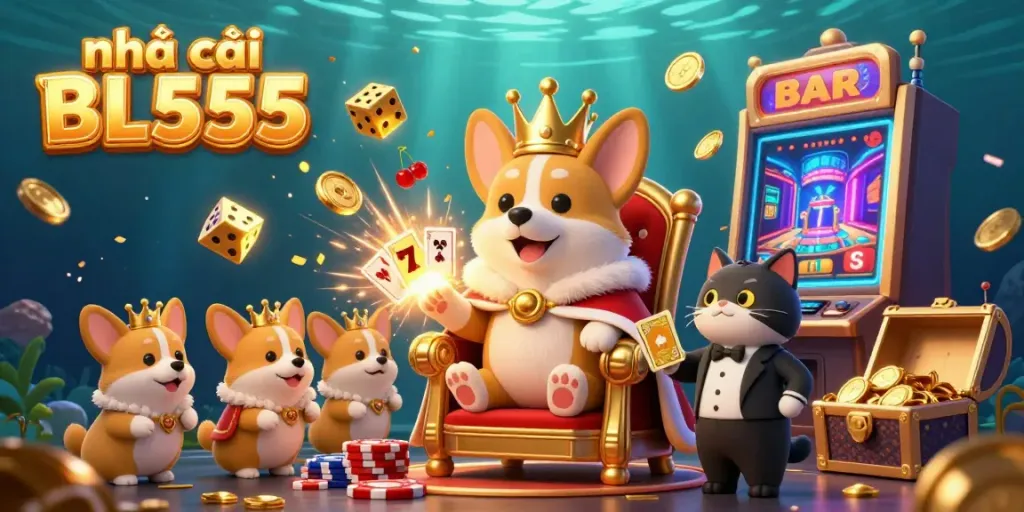 Experience the excitement of nhà cái BL555 with a royal corgi on a poker chip throne amidst a jackpot explosion.